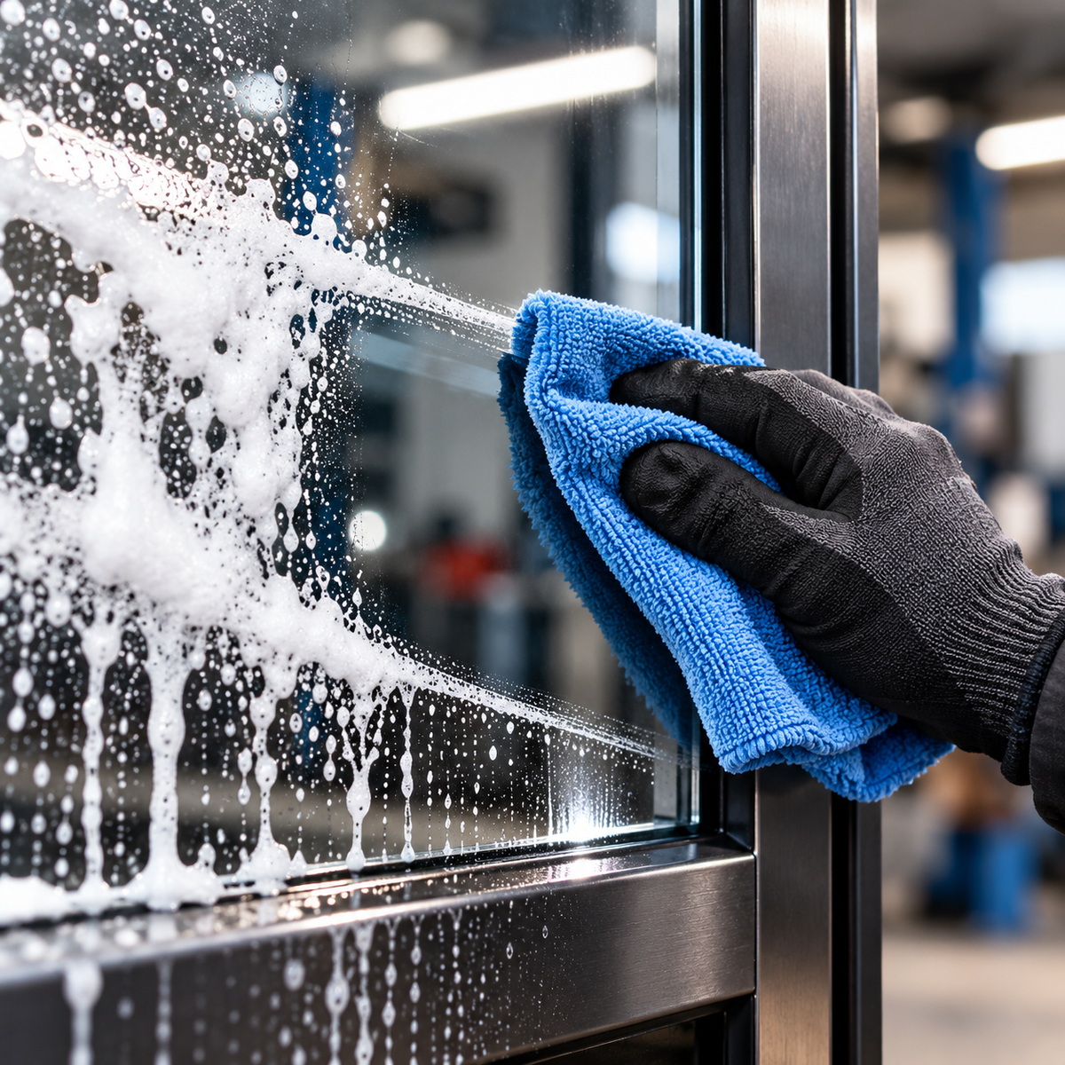 Illustrative Detailansicht: Reinigungsschaum wird von Glas abgewischt